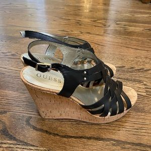 Guess Wedge Black Cork Strappy Sandal